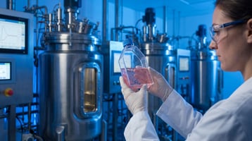Researcher examining CHO cell culture flasks in a modern Chinese biopharmaceutical manufacturing facility