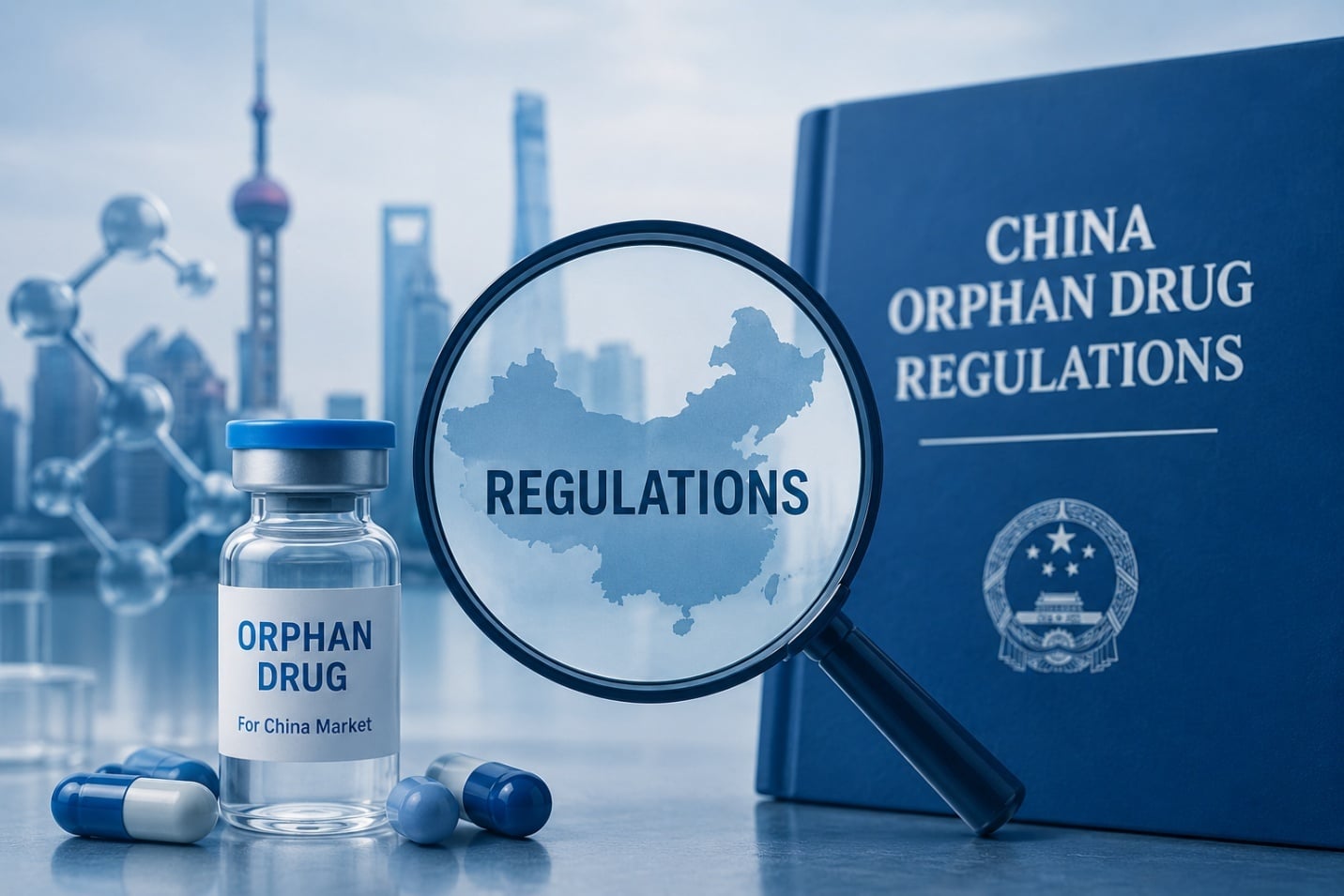 China orphan drug regulations, magnifying glass over map of China, orphan drug vial, Shanghai skyline