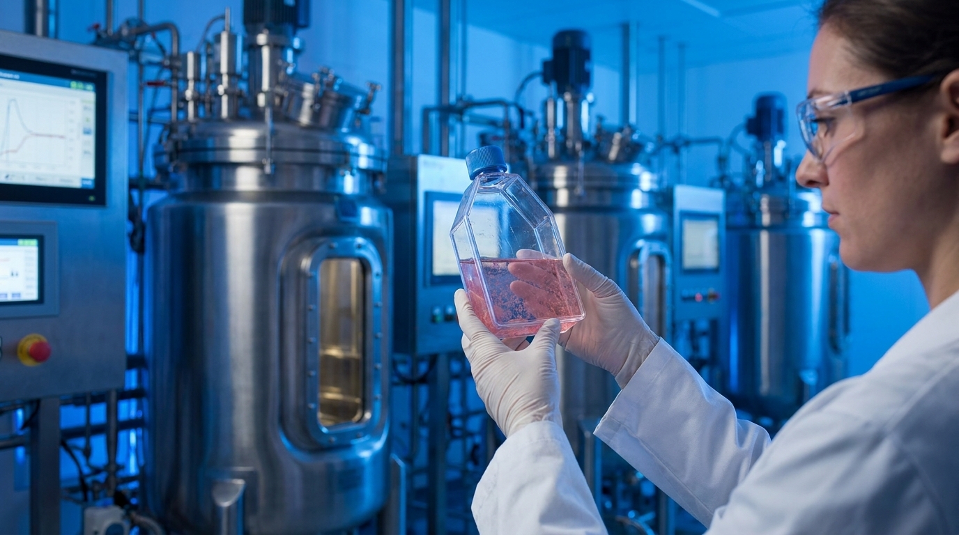 Researcher examining CHO cell culture flasks in a modern Chinese biopharmaceutical manufacturing facility